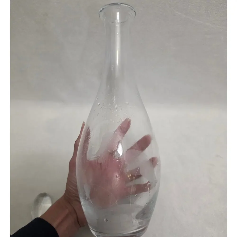 Vintage Hand-Blown Clear Glass Wine Decanter with Stopper, Etched Floral Details